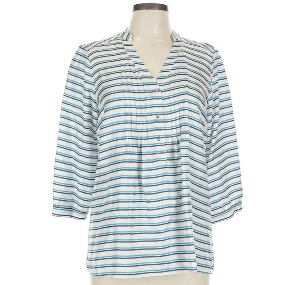 Elizabeth McKay 100% Silk Blue White Striped Coastal preppy 3/4 Sl Blouse Sz 10